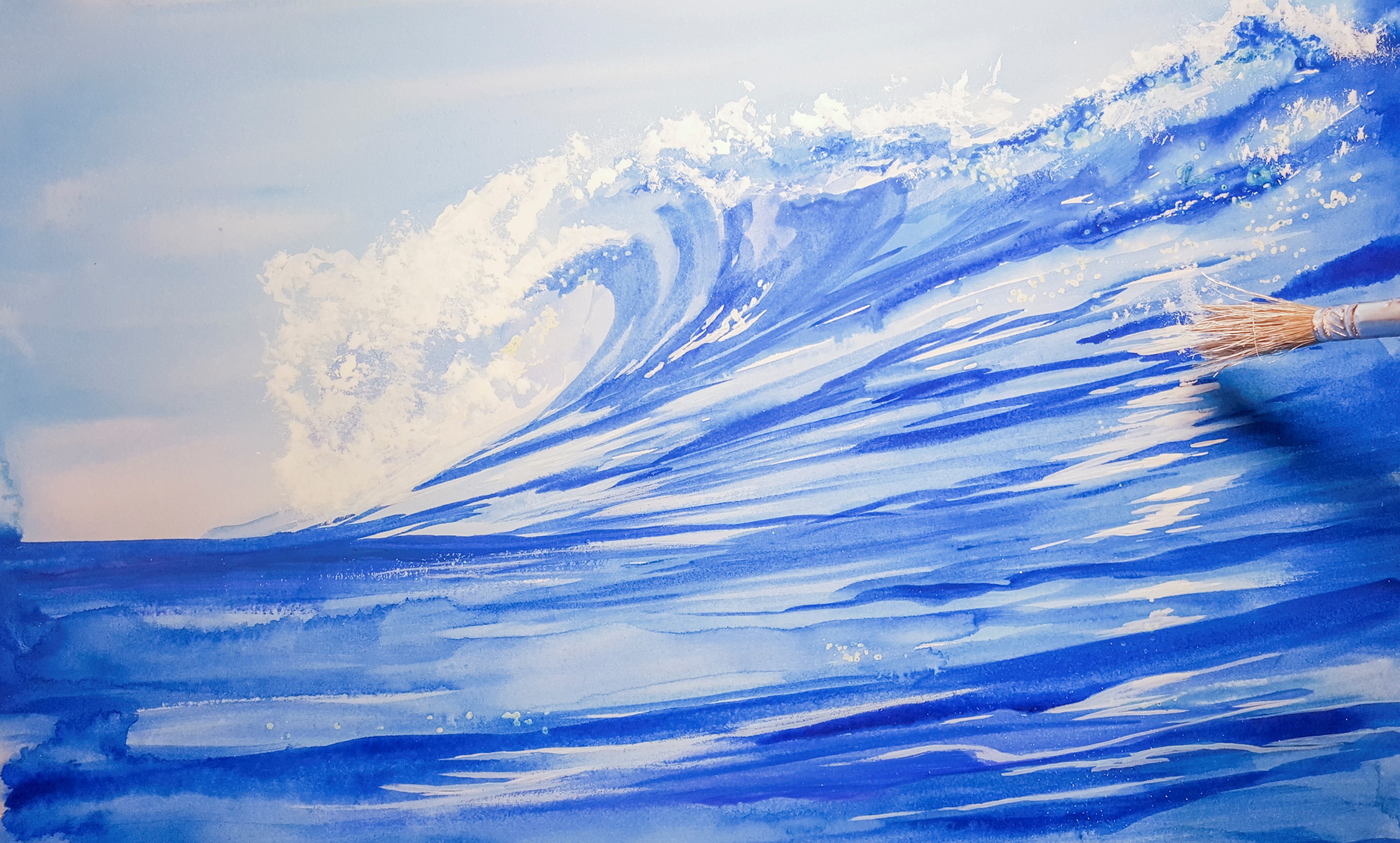 Painted a wave today- I tried spattering masking fluid to make the water  spray. : r/Watercolor