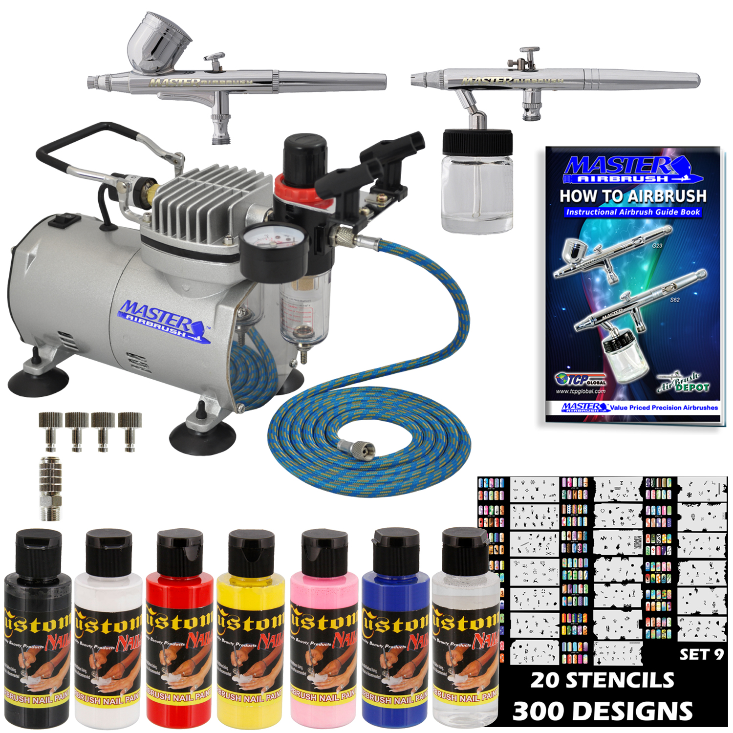 2 Airbrush Nail System Kit w 6 Paint Color Set Air Compressor Nail Art