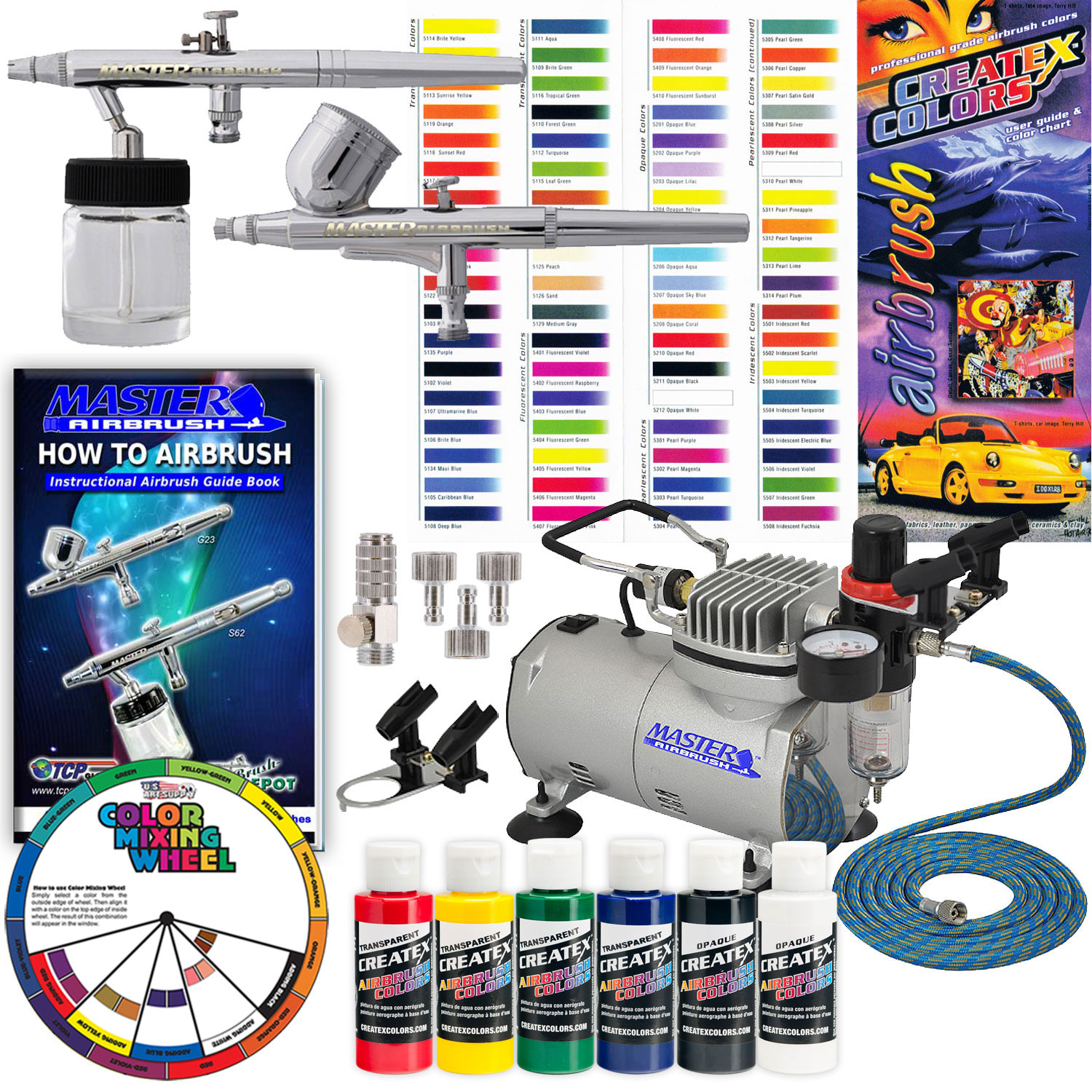 2 Airbrush System Kit 6 Primary Paint Color Wheel Compressor Set eBay