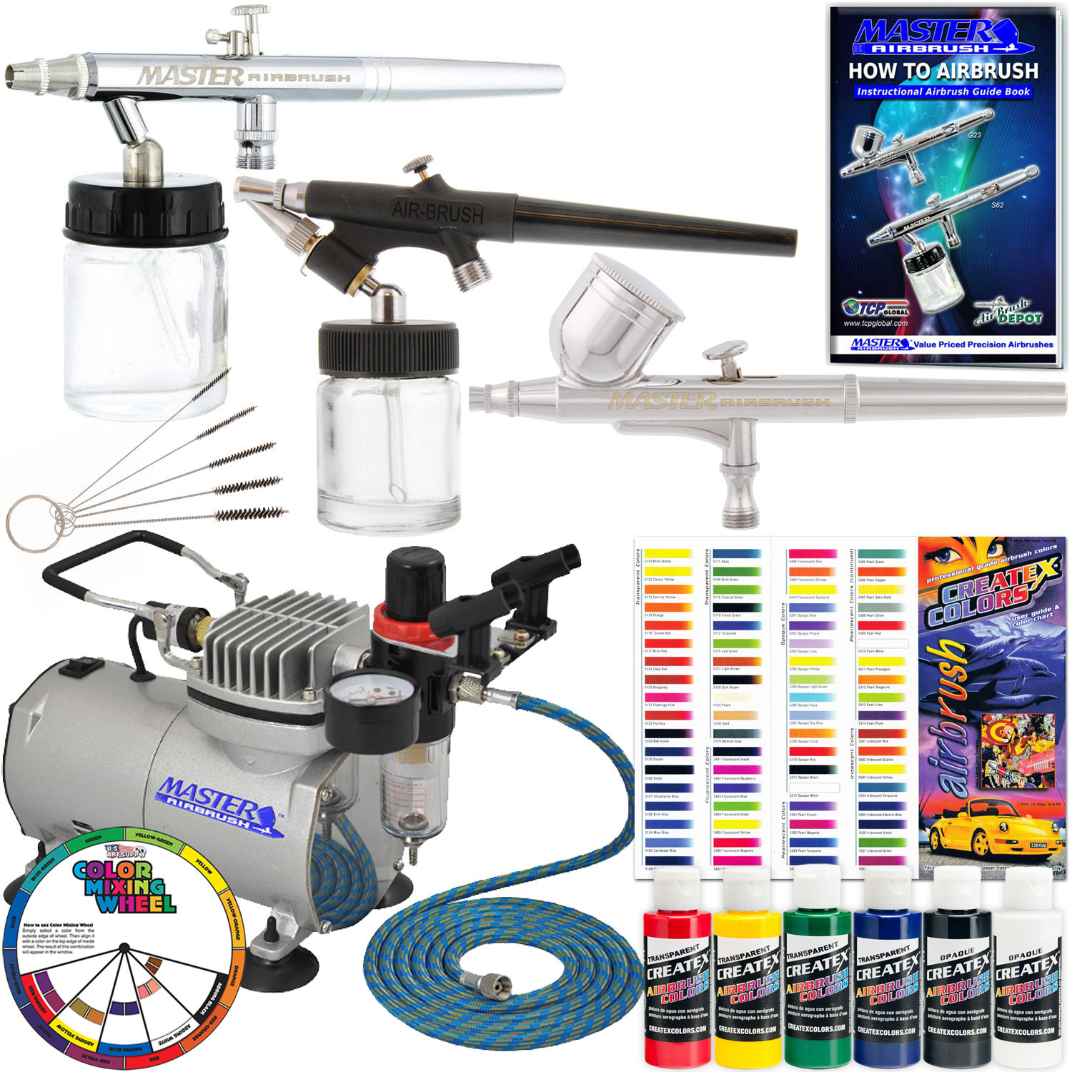 3 Airbrush System 6 Color Paint Kit Air Compressor Dual Action Color Wheel Set eBay