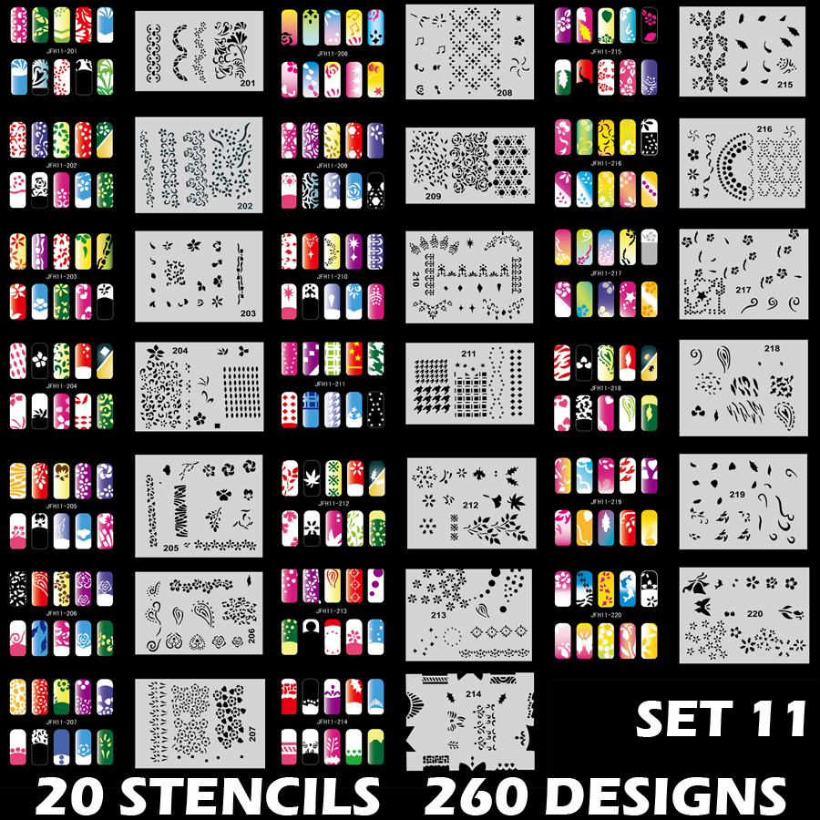 Set 11 260 Airbrush Nail Art Stencil Designs 20 Template Sheets Kit Brush Paint
