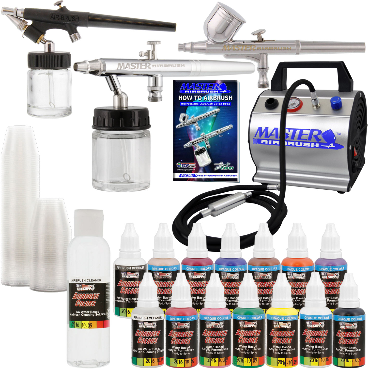 Pro 3 Airbrush System Kit Air Compressor 12 Color Paint Set Hobby Art