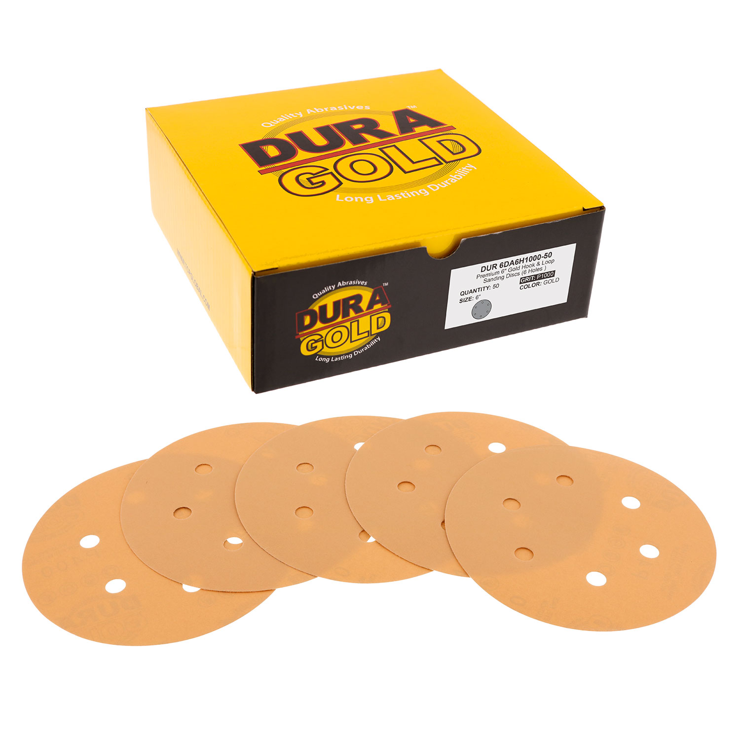 thumbnail image 2 of Dura-Gold 50-Pack 1000 Grit 6" Gold Hook & Loop 6-Hole Sanding Discs For DA Sanders 2 of 6